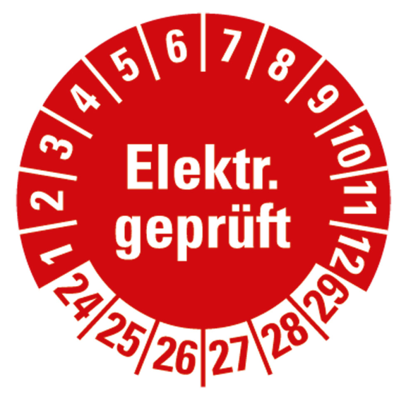 Prüfplakette Elektr.geprüft, 24-29, rot, Folie, selbstklebend, Ø 30mm, 500/Rolle Prüfplakette Elektr.geprüft, 24-29, rot, Folie, selbstklebend, Ø 30mm, 500/Rolle-Beschreibung lesen