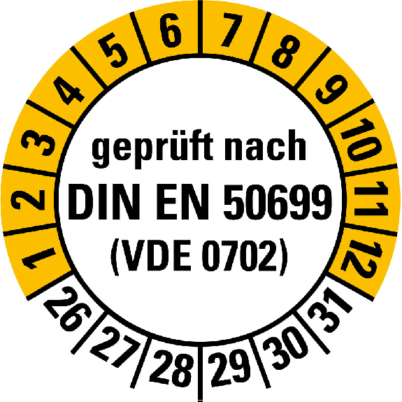 Prüfplakette gepr.n.DIN EN 50699 (VDE0702),26-31,weiß/gelb,Folie,Ø 20mm,10/Bogen-Beschreibung lesen