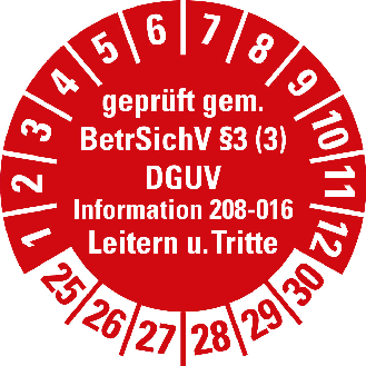 Prüfpl.gepr.gem.BetrSichV §3 (3) Leitern/Tritte,25-30,rot,Folie,Ø 30mm,10/Bogen-Beschreibung lesen