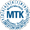 Prüfplakette MTK 26-31,weiß/blau,DIN EN 60601-01,Spezialkleber,Ø 30mm,10/Bogen