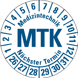 Prüfplakette MTK 26-31,weiß/blau,DIN EN 60601-01,Spezialkleber,Ø 30mm,10/Bogen-Beschreibung lesen