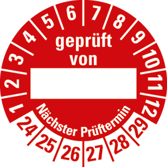 Prüfplakette geprüft von NP,24-29,Beschriftungsfeld,rot,Folie,Ø 30mm,10/Bogen-Beschreibung lesen