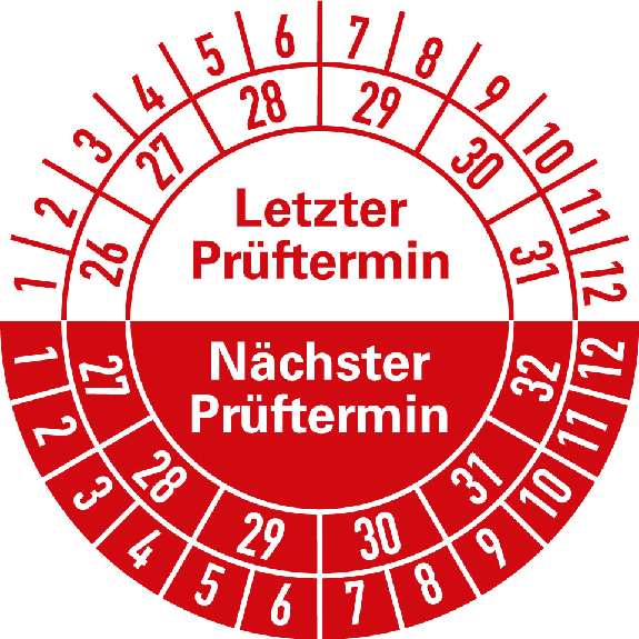 Prüfplakette LP 26-31/NP 27-32, rot, Folie, selbstklebend, Ø 30mm, 10/Bogen-Beschreibung lesen