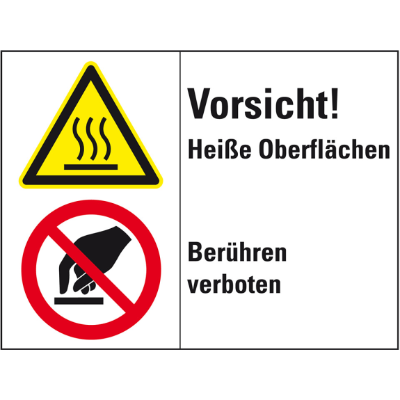 Kombischild Vorsicht!Heiße Oberflächen Berühren verb., Kunststoff, 200x150mm, ISO 3864-2 Kombischild Vorsicht!Heiße Oberflächen Berühren verb., Kunststoff, 200x150mm, ISO 3864-2-Beschreibung lesen