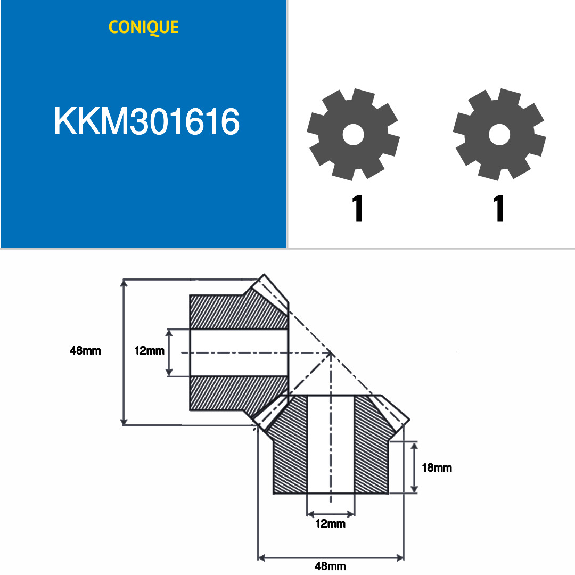 KKM301616  16/16 Zähne  Modul: 3  Teilungsdurchmesser: 48 mm  Außendurchmesser: 52,3 mm  Zahnbreite: 12 mm-Beschreibung lesen