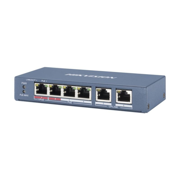 DS-3E0106HP-E(O-STD) Hikvision, commutateur Ethernet, non géré 4x RJ45, 2x liaison montante RJ45, PoE 60W, 48VDC-Lire la description