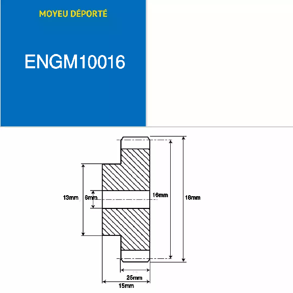 ENGM10016  16 Zähne  Modul: 1  Teilungsdurchmesser: 16 mm  Außendurchmesser: 18 mm  Zahnbreite: 15 mm-Beschreibung lesen