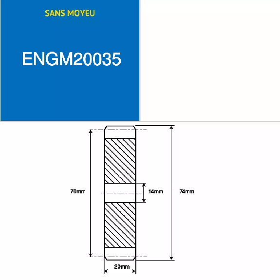 ENGM20035  35 Zähne  Modul: 2  Teilkreisdurchmesser: 70 mm  Außendurchmesser: 74 mm  Zahnbreite: 20 mm-Beschreibung lesen
