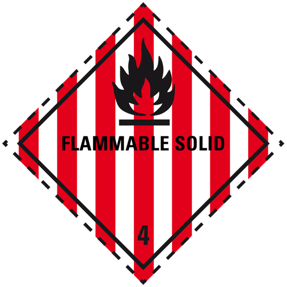 Verpackungskennzeichen Klasse 4.1, Flammable Solid, Folie, seewasserbeständig, 100x100mm, IMDG-Code, GGVSEB, ADR, IATA-Beschreibung lesen