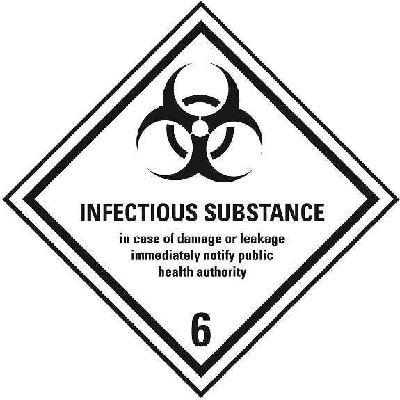 Verpackungskennzeichen Klasse 6.2, Infectious Sub., Folie, seewasserbeständig, 100x100mm, IMDG-Code, GGVSEB, ADR, IATA-Beschreibung lesen