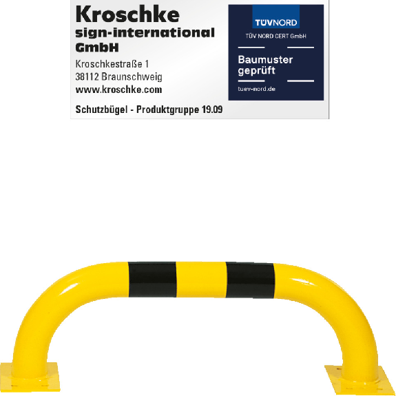 Schutzbügel, zum Aufdübeln, gelb/schwarz, Stahl, verzinkt, pulverb., Ø76mm, 750x250mm Schutzbügel, zum Aufdübeln, gelb/schwarz, Stahl, verzinkt, pulverb., Ø76mm, 750x250mm-Beschreibung lesen