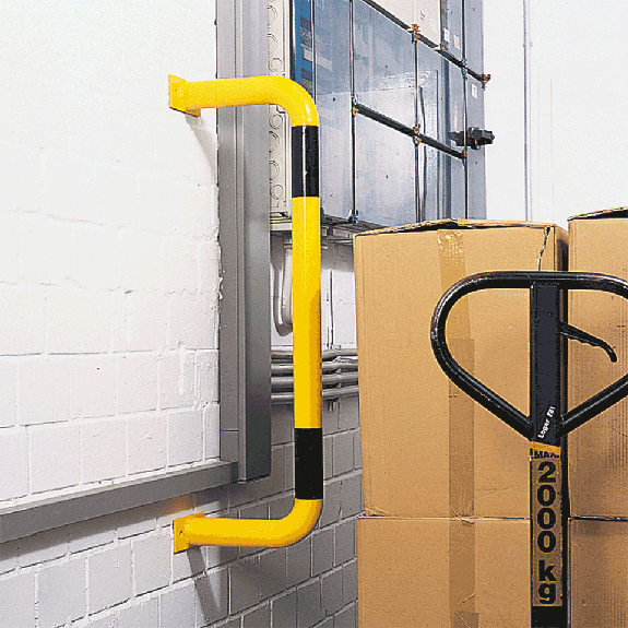Wandschutzbügel, zum Aufdübeln, gelb/schwarz, verzinkt, pulverbeschichtet, Ø 60mm, 1000x300mm Wandschutzbügel, zum Aufdübeln, gelb/schwarz, verzinkt, pulverbeschichtet, Ø 60mm, 1000x300mm-Beschreibung lesen