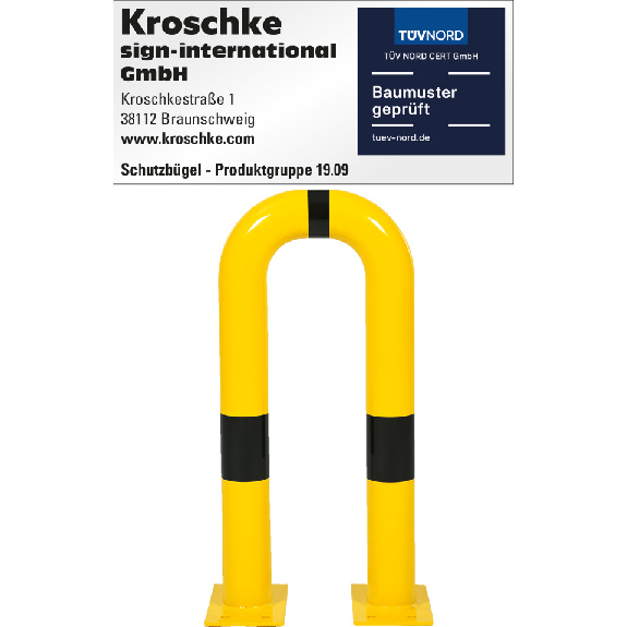 Schutzbügel, zum Aufdübeln, gelb/schwarz, Stahl, verzinkt, pulverb., Ø76mm, 750x650mm Schutzbügel, zum Aufdübeln, gelb/schwarz, Stahl, verzinkt, pulverb., Ø76mm, 750x650mm-Beschreibung lesen