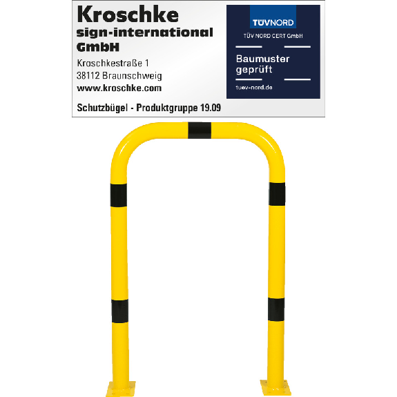 Schutzbügel, zum Aufdübeln, gelb/schwarz, Stahl, verzinkt, pulverb., Ø76mm, 750x1150mm Schutzbügel, zum Aufdübeln, gelb/schwarz, Stahl, verzinkt, pulverb., Ø76mm, 750x1150mm-Beschreibung lesen
