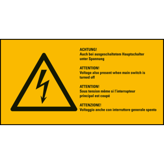 Warn-Kombischild Auch bei ausgeschaltetem, RoHS konform, 4-sprachig, Folie, 74x37mm, ASR A1.3, DIN EN ISO 7010 W012-Beschreibung lesen