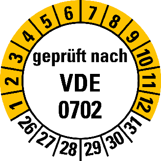 Mehrjahresprüfplakette gepr.nach VDE 0702,26-31,weiß/gelb,Folie,20mm,500/Rolle-Beschreibung lesen