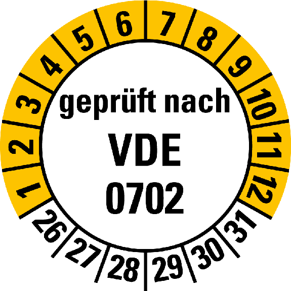 Mehrjahresprüfplakette gepr.nach VDE 0702,26-31,weiß/gelb,Folie,20mm,500/Rolle-Beschreibung lesen