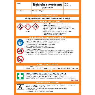Betriebsanweisung Reinigungsarbeiten in..., CLP/GHS, Kunststoff, 210x297mm, ASR A1.3, DIN EN ISO 7010-Beschreibung lesen