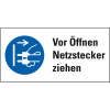 Gebots-Kombischild Vor Öffnen Netzstecker ziehen, Folie, selbstklebend, 32x65mm