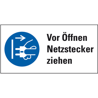 Gebots-Kombischild Vor Öffnen Netzstecker ziehen, Folie, selbstklebend, 32x65mm-Beschreibung lesen