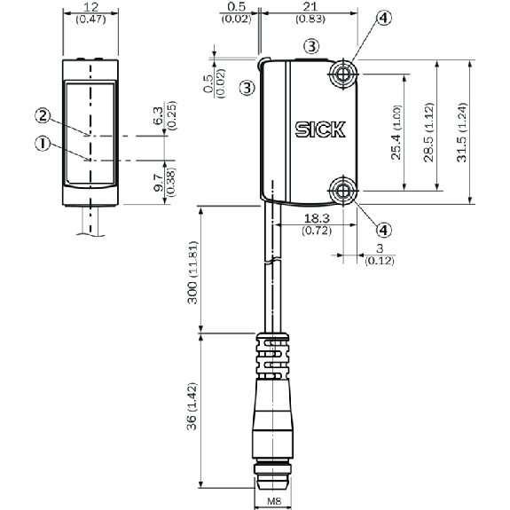 Cellule Bar. reflex PNP P=12m Pot. Laser LO/DO 10-30Vdc M08 4P+C0.4m - GL6L-F6211-Lire la description