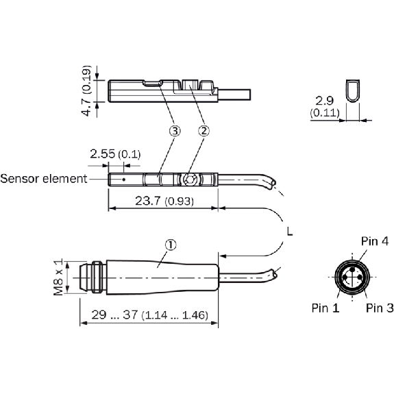 DPM Vérins rainures en C NPN NO lg23,7mm 10-30Vdc / M08 3P+C0.3m PUR - MZC1-4V3NS-KP0-Lire la description