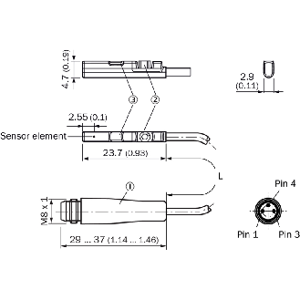 DPM Vérins rainures en C NPN NO lg23,7mm 10-30Vdc / M08 3P+C0.3m PUR - MZC1-4V3NS-KP0-Lire la description