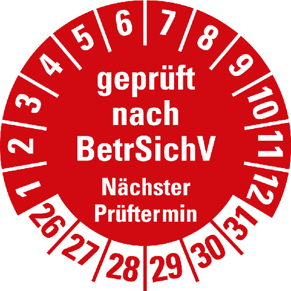 Prüfplakette geprüft n.BetrSichV Nä.Prüft. 26-31,Folie,selbstkl.,Ø 30mm,10/Bogen Prüfplakette geprüft n.BetrSichV Nä.Prüft. 26-31,Folie,selbstkl.,Ø 30mm,10/Bogen-Beschreibung lesen