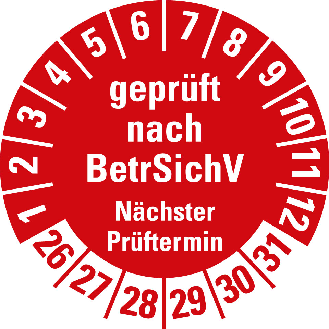 Prüfplakette geprüft n.BetrSichV Nä.Prüft. 26-31,Folie,selbstkl.,Ø 30mm,10/Bogen-Beschreibung lesen