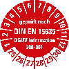 Prüfplakette gepr.n.DIN EN 15635,DGUV Info. 208-061,25-30,Folie,Ø 30mm,10/Bogen Prüfplakette gepr.n.DIN EN 15635,DGUV Info. 208-061,25-30,Folie,Ø 30mm,10/Bogen