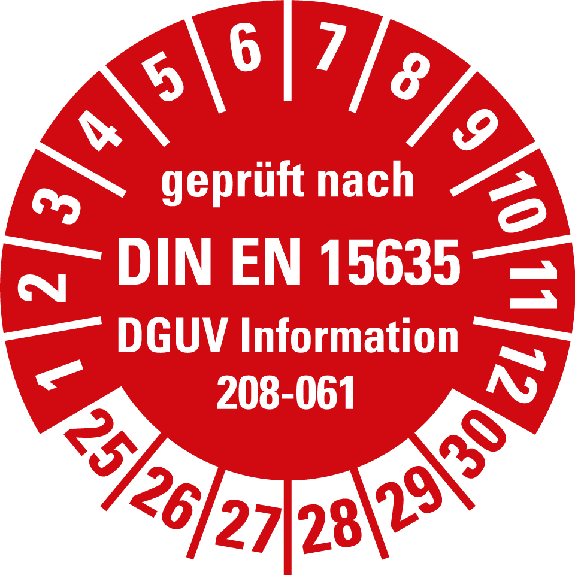 Prüfplakette gepr.n.DIN EN 15635,DGUV Info. 208-061,25-30,Folie,Ø 30mm,10/Bogen Prüfplakette gepr.n.DIN EN 15635,DGUV Info. 208-061,25-30,Folie,Ø 30mm,10/Bogen-Beschreibung lesen