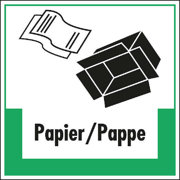 Abfallkennzeichen Papier/Pappe, mit Symbol und Text, Folie, selbstklebend, 200x200mm-Beschreibung lesen