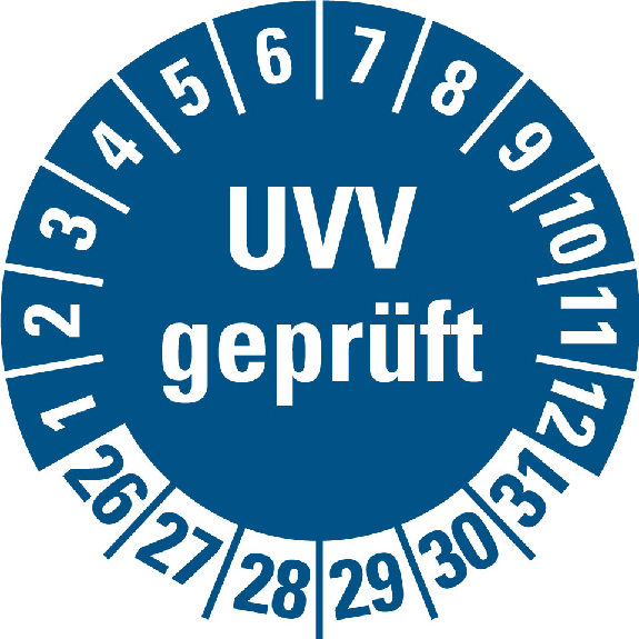 Prüfplakette UVV geprüft, 26-31, blau, Folie, selbstklebend, Ø 20mm, 10/Bogen-Beschreibung lesen