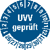 Prüfplakette UVV geprüft, 26-31, blau, Folie, selbstklebend, Ø 20mm, 10/Bogen