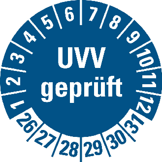 Prüfplakette UVV geprüft, 26-31, blau, Folie, selbstklebend, Ø 20mm, 10/Bogen-Beschreibung lesen