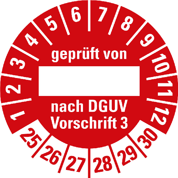 Prüfplakette gepr.von/nach DGUV Vorschr.3,25-30,rot,Folie,selbst.,Ø 30mm,10/BOG-Beschreibung lesen