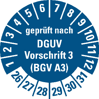 Prüfplakette gepr.n.DGUV Vor.3 (BGV A3),26-31,blau,Folie,selbst.,Ø30mm,10/Bogen-Beschreibung lesen