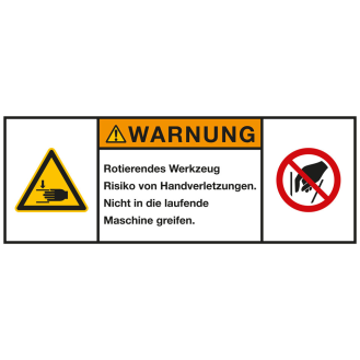 Produktsicherheitsschild Warnung Rotierendes Werkzeug, RoHS konform, Folie, 200x75mm, ISO 3864-2-Beschreibung lesen