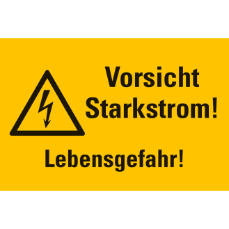 Warn-Kombischild Vorsicht Starkstrom! Lebensgefahr!, RoHS konform, Folie, 200x120mm, ASR A1.3, DIN EN ISO 7010 W012-Beschreibung lesen