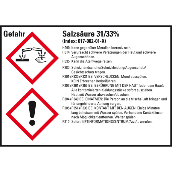 GHS-Etikett Salzsäure 31/33%, GefStoffV/GHS/CLP, Folie, 148x105mm, 4/Bogen GHS-Etikett Salzsäure 31/33%, GefStoffV/GHS/CLP, Folie, 148x105mm, 4/Bogen-Beschreibung lesen
