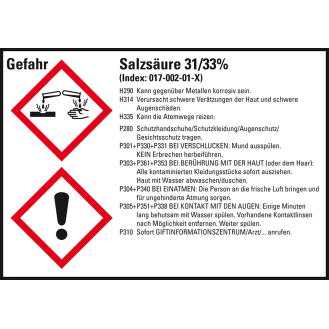 GHS-Etikett Salzsäure 31/33%, GefStoffV/GHS/CLP, Folie, 148x105mm, 4/Bogen-Beschreibung lesen