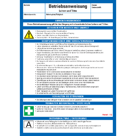 Maschinenbetriebsanweisung Leitern und Tritte, Kunststoff, 210x297mm, ASR A1.3, DIN EN ISO 7010-Leggi tutto
