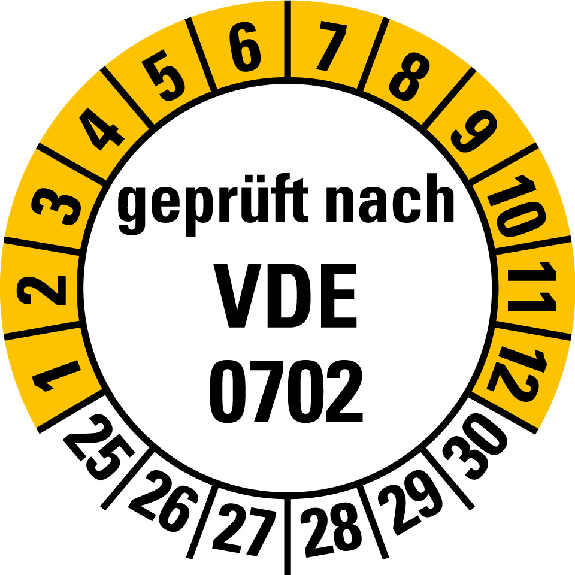 Mehrjahresprüfplakette gepr.nach VDE 0702,25-30,weiß/gelb,Folie,30mm,10/Bogen-Beschreibung lesen