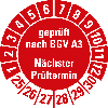 Prüfplakette gepr.n.BGV A3 Nächster Prüftermin,25-30,rot,Folie,Ø 20mm,10/Bogen Prüfplakette gepr.n.BGV A3 Nächster Prüftermin,25-30,rot,Folie,Ø 20mm,10/Bogen