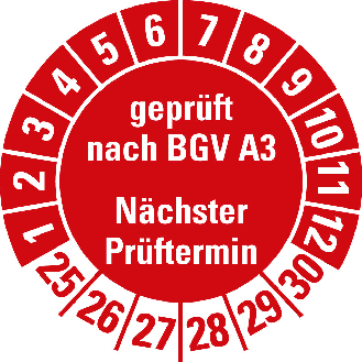 Prüfplakette gepr.n.BGV A3 Nächster Prüftermin,25-30,rot,Folie,Ø 20mm,10/Bogen-Beschreibung lesen