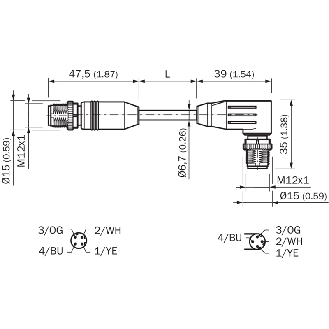M12D Mâle Droit 4p/M12D Mâle Coudé 4p; PUR Blindé 4x0.34 Vert Cpc 5m - YM2D24-050PN1N2D24-Lire la description