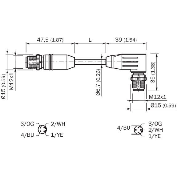 M12D Mâle Droit 4p/M12D Mâle Coudé 4p; PUR Blindé 4x0.34 Vert Cpc 5m - YM2D24-050PN1N2D24-Lire la description
