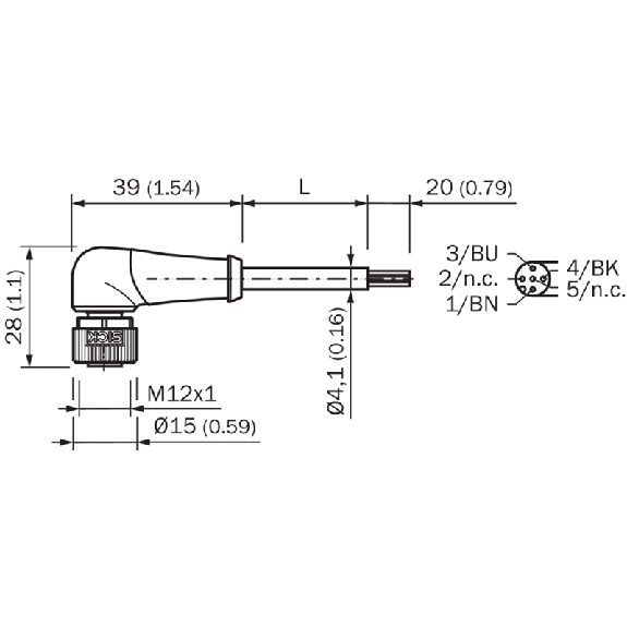 M12A Fem Coudé 3p; Câble PUR 3x034 Noir 5m - YG2A13-050UB1XLEAX-Lire la description