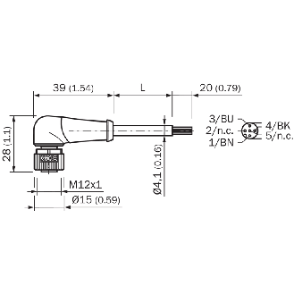 M12A Fem Coudé 3p; Câble PUR 3x034 Noir 5m - YG2A13-050UB1XLEAX-Lire la description