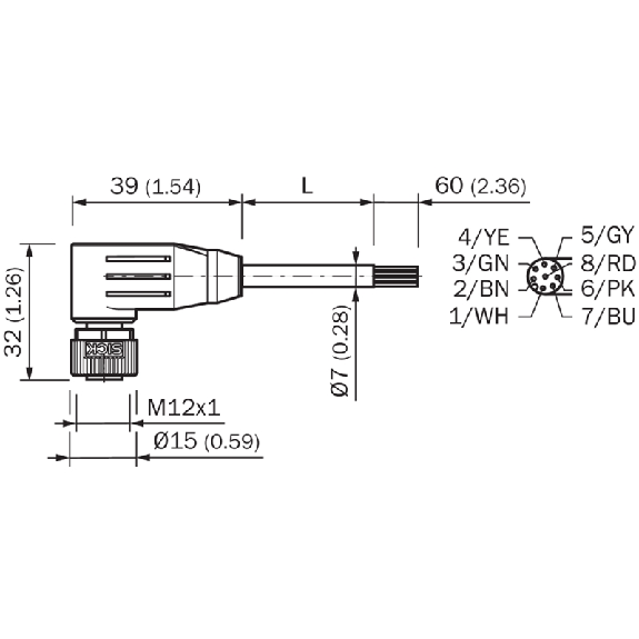 M12A Fem Coudé 8p; Câble Blindé PUR 8x0.25 Noir Cpc 20m - YG2A28-200UA6XLEAX-Lire la description